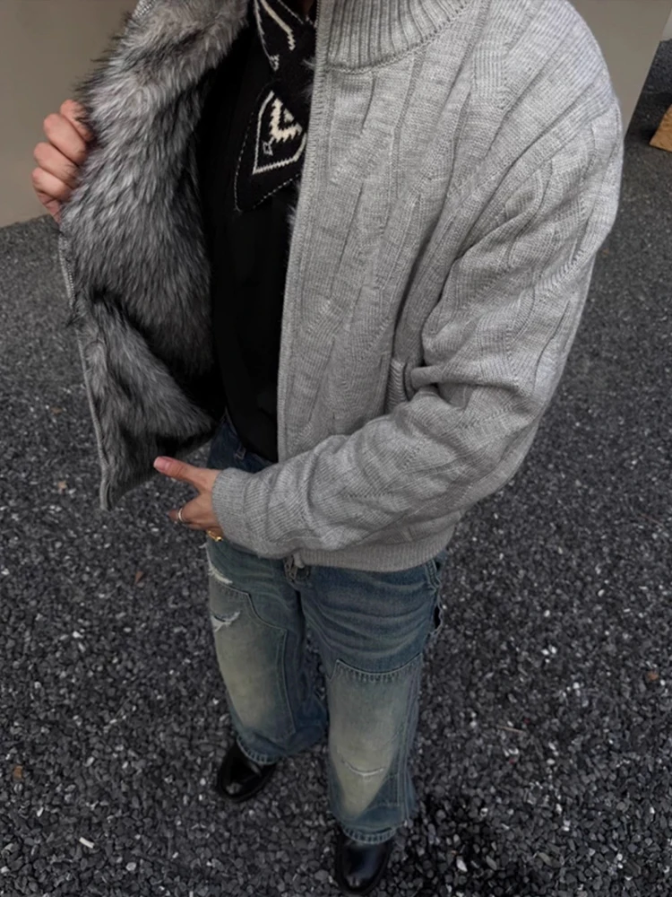 Sweter męski Cleanfit z dzianiny, ocieplany polarem, rozpinany, na jesień i zimę, w stylu lazy, amerykański styl, z motywem orła górskiego J...