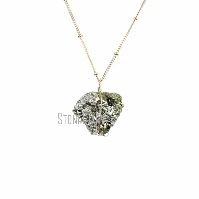 

NM42474 Natural Gemstone Pyrite Free Form Pendant On A 16 Inch Statellite Chain Wire Wrapped Necklace