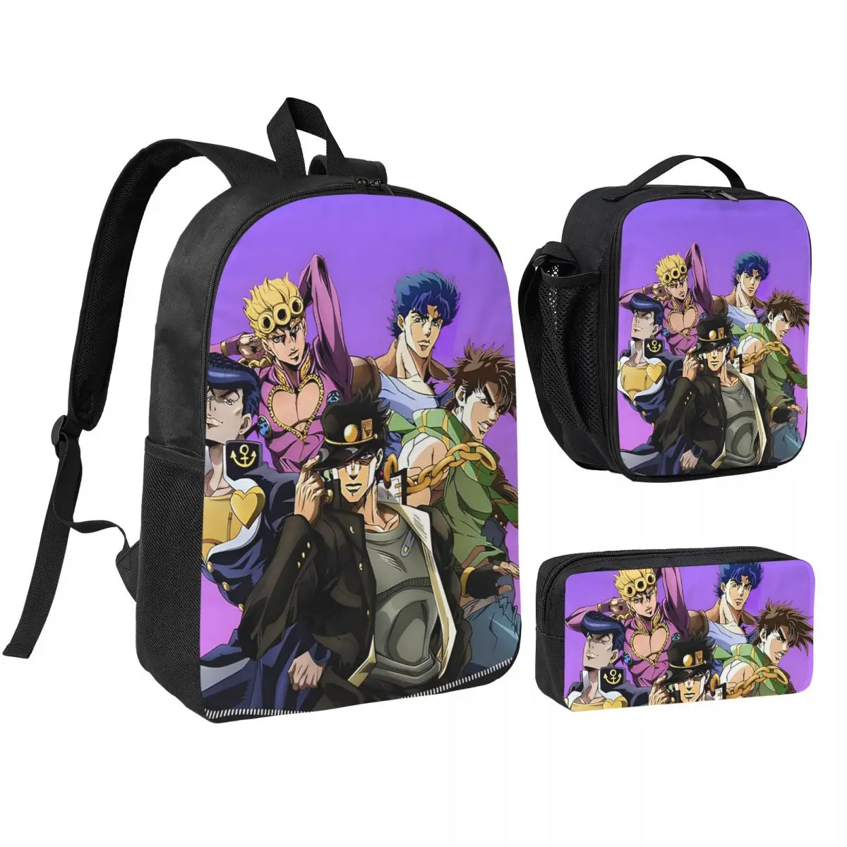 Jojo Bizarre Adventure Anime Cartoon Backpack Boys Girls BookBag School Bag Shoulder Bags 3ps Insulated Lunch Bag Pencil Case