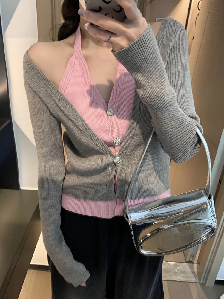 Sweet Knitted Cardigan Women Casual Long Sleeve Elegant Fake 2 Piece Sweater Office Lady Tops Korean 2023 Autumn Blouse Chic