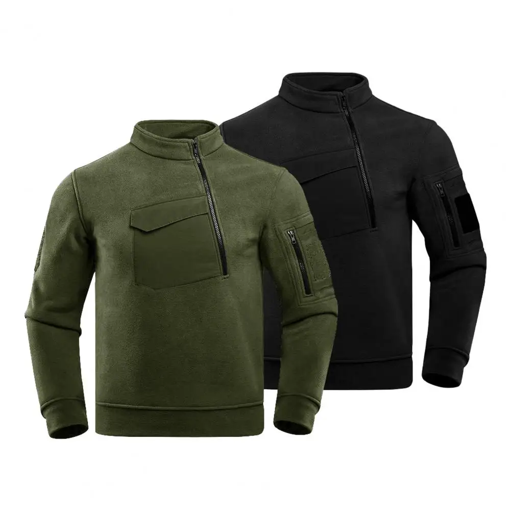 

Men Autumn Winter Outdoor Tops Stand Collar Long Sleeve Thickened Fleece Lining Sweatshirt Warm Windproof Pocket Zipper Hiking