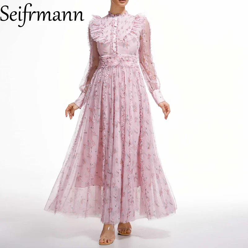 

Seifrmann Women's Elegant Party Prom Dress Summer Mesh Long Sleeve Flounced Edge Floral-Print Fashion Big Swing Dresses