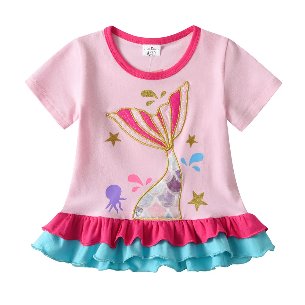 Mädchen Meerjungfrauen-Outfit-Set: Kinder Rüschen-Kurzarm-Baumwoll-Freizeit-Tops und Polyester-Shorts, 2-teiliges Set – Detail 5