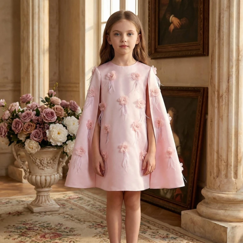 

2026 New Kids Pink Sweet 3D Flower Princess Gown Children Girls Dress Cape Long Sleeve Formal Pageant Summer Elegant Costume