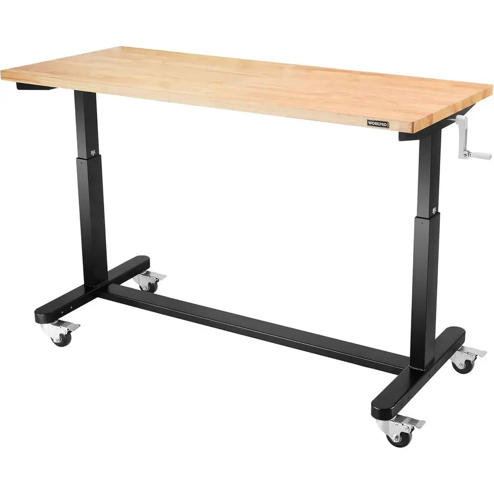 Adjustable 60 Standing Desk Workbench with Crank, Wooden Top, Casters, 29-38 Height Range, Supports 500 lbs