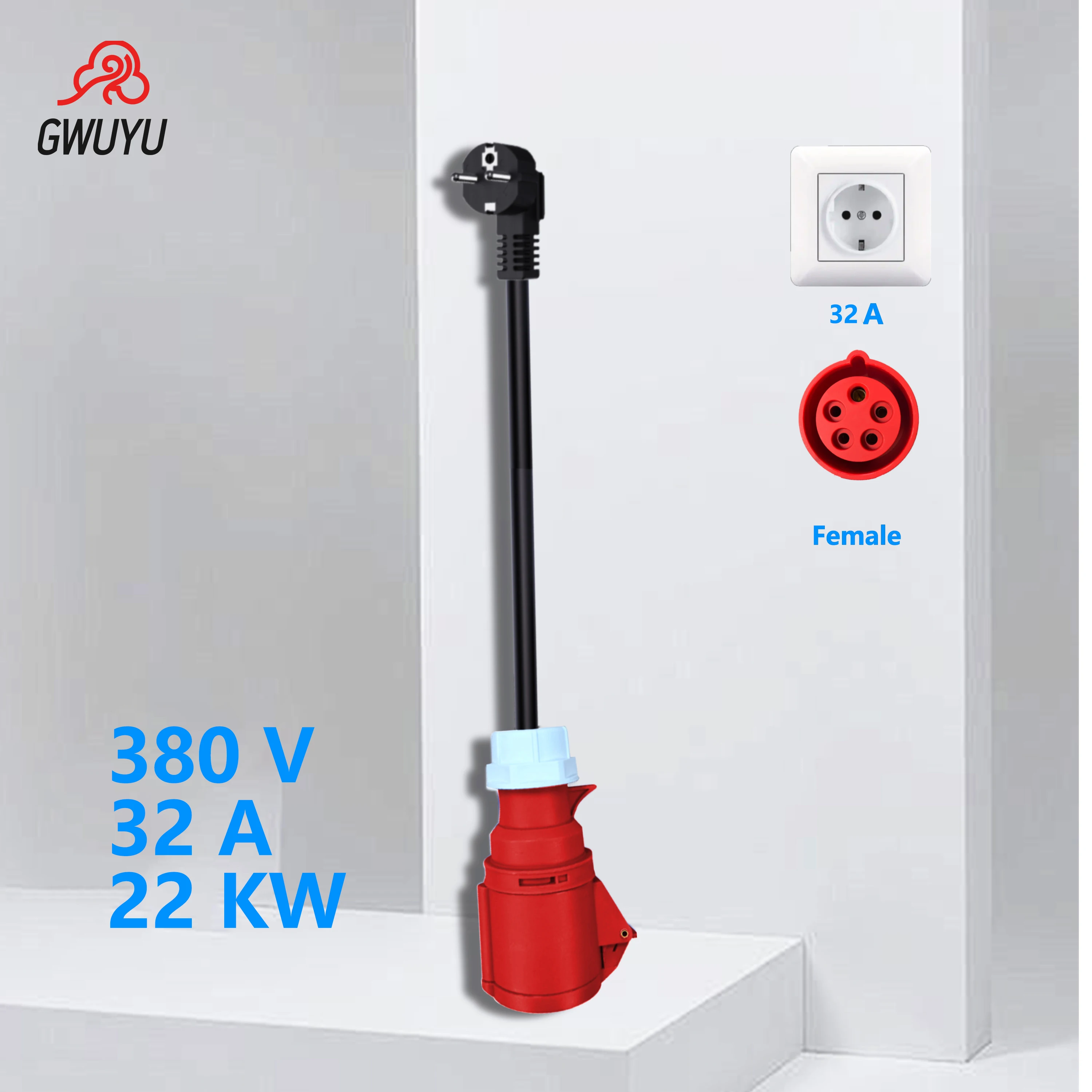 GWUYU EV Charger  Plug to CEE Red Power Female Plug 5 Pins Socket Adapter Connect with 32A 22KW -Z-3.5KW Portable Charger