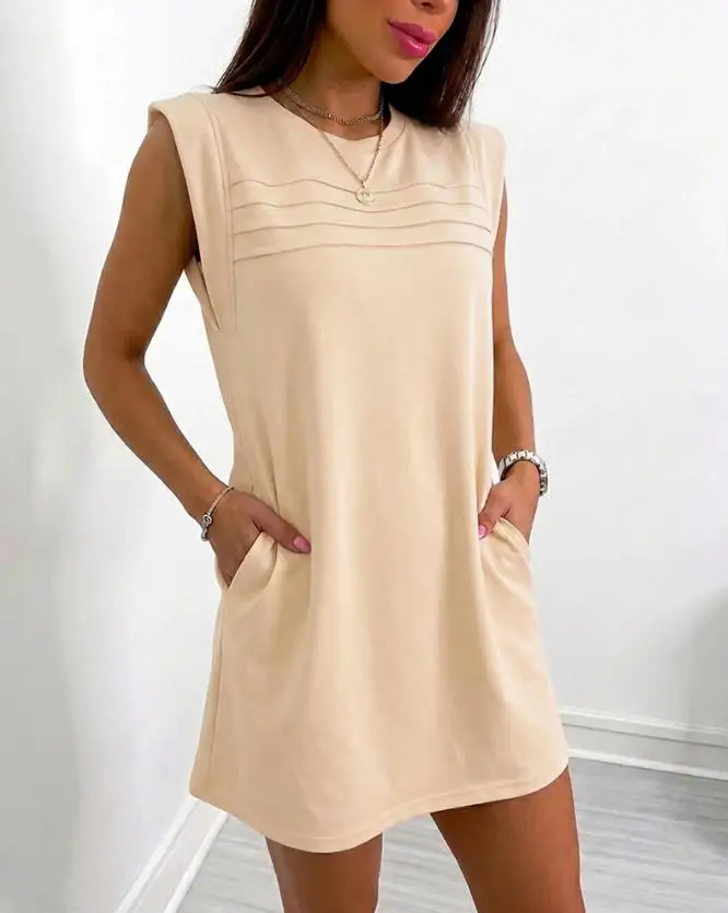 

Women's Dress 2026 Spring Summer New Solid Color Sleeveless Loose Straight Dress Crew Neck Pleated Front Mini Dress with Pockets