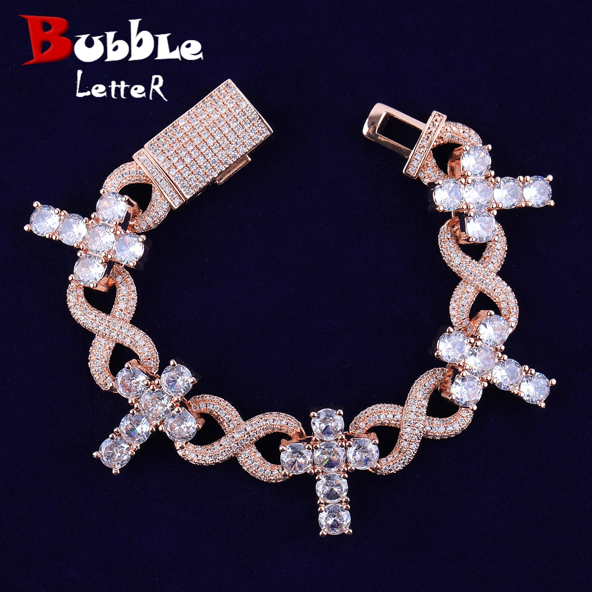 Bubble Letter Iced Out Infinity Cross Bracelet Choker for Women Micro Pave Real Copper Hip Hop Jewelry