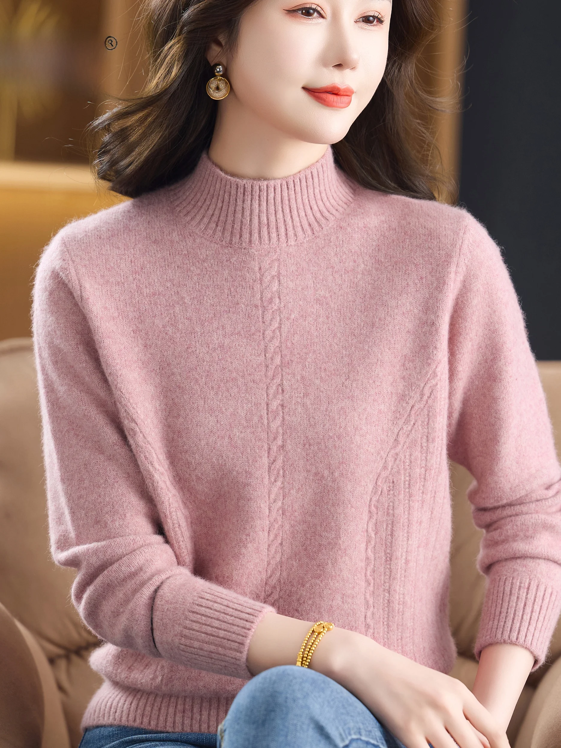 

Thiened Camere Knitted Base irt Autumn Winter Pure Color f High Collar Woolen Sweater Overhead Mommy Sle Sweater