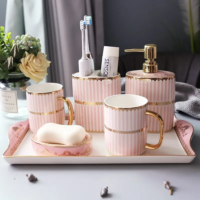 European Ceramic Bathroom Accessories Set 5 Piece Toothbrush Holder Soap Dish Tray Cup Modern Home Decor Toilet Bath