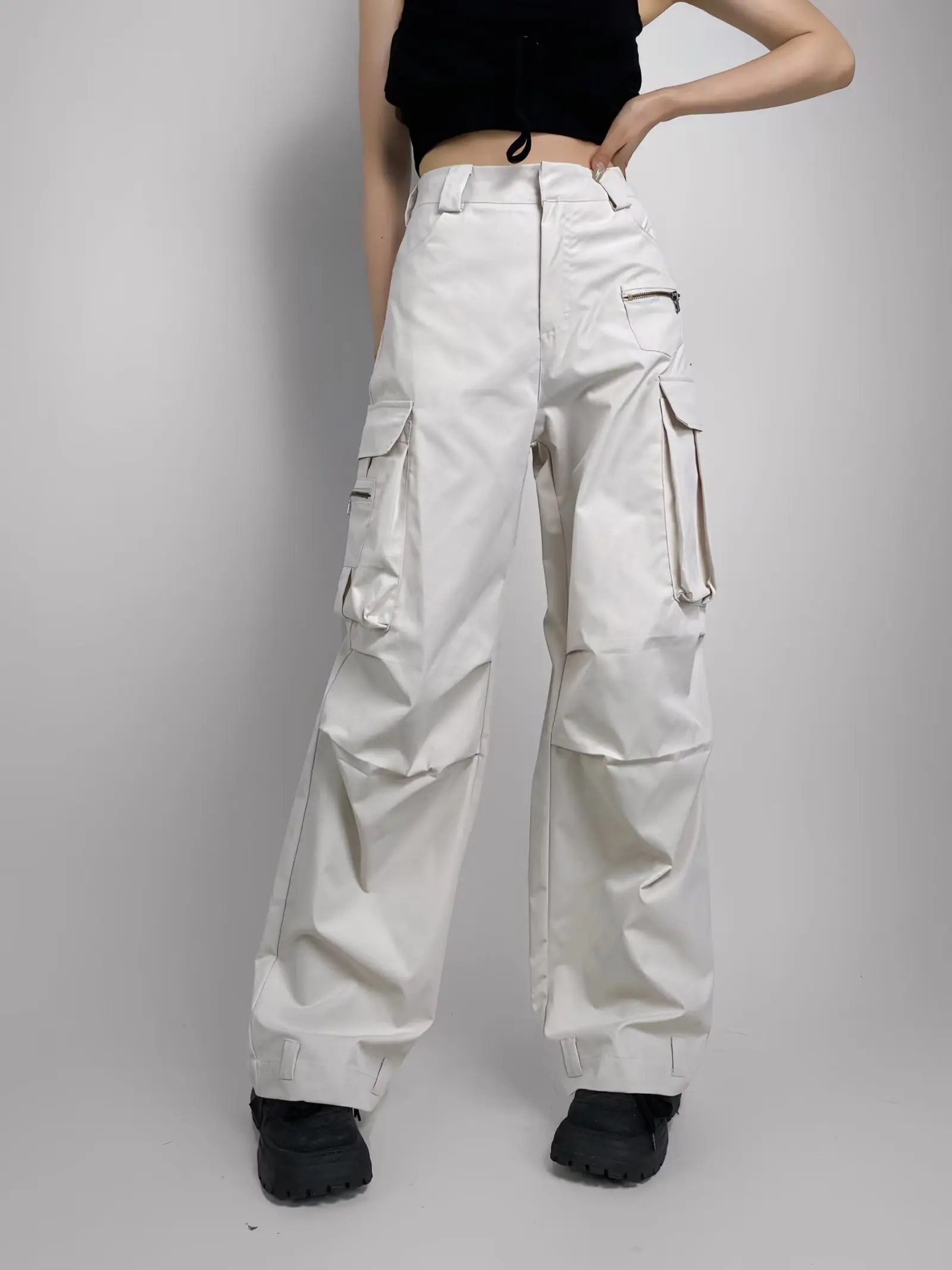 Women Multi Pockets Straight Leg Casual Cargo Pants Fashion Comfortable Long Length Pleated Design Trendy Hot Girl Work Trousers