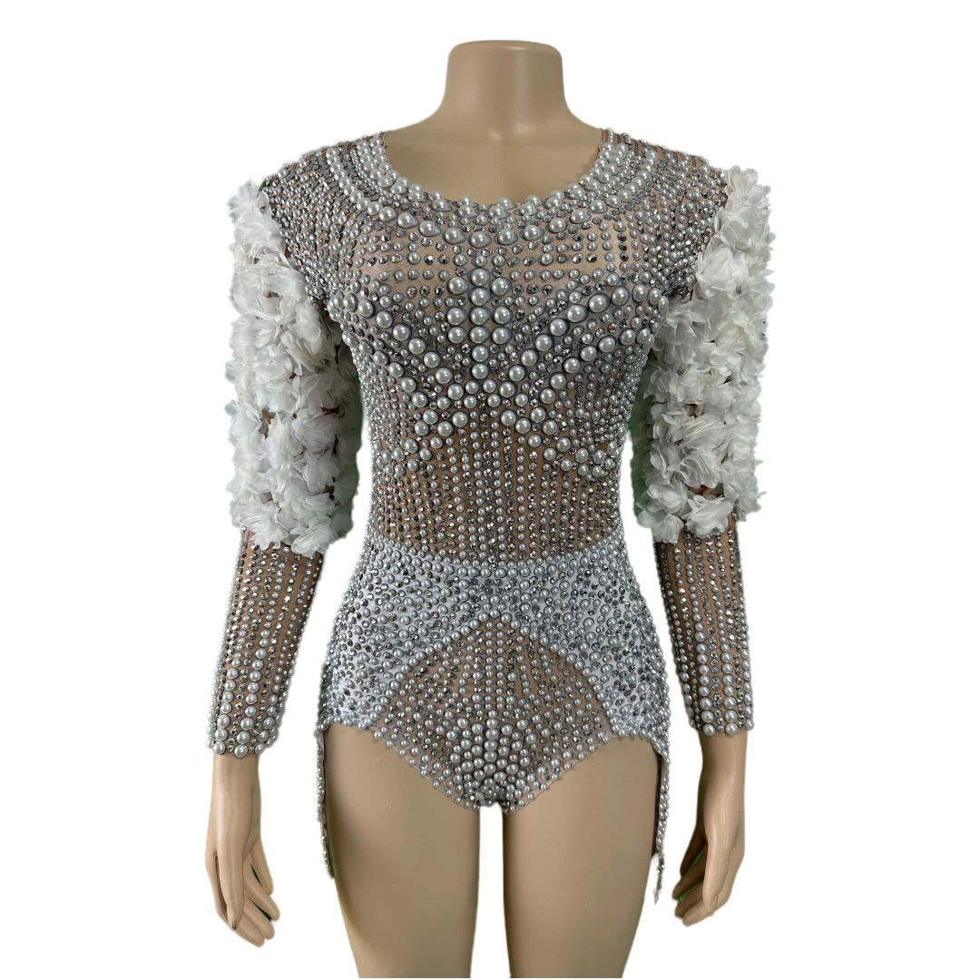 Sparkly Pearl Rhinestone Bodysuits For Women Birthday Show Cheerleader Body Suits Flower Costume Stage Wear Nightclub Leotard