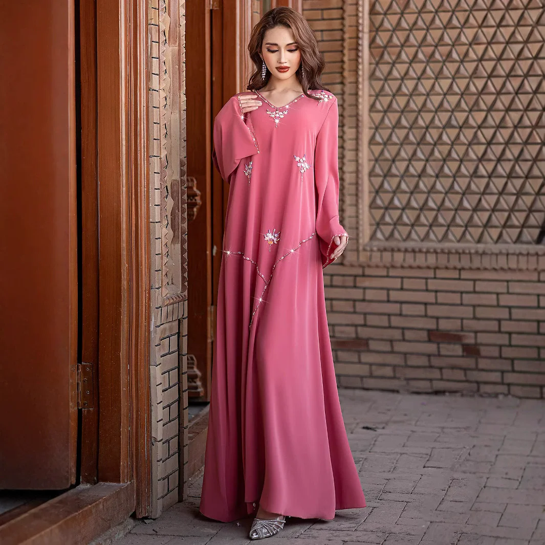 Ramadan Saudi Arabia Dubai Luxury Fashion Peach Handmade Nail Diamond Dress Summer Robe Middle Eastern Women's Islamic Dress