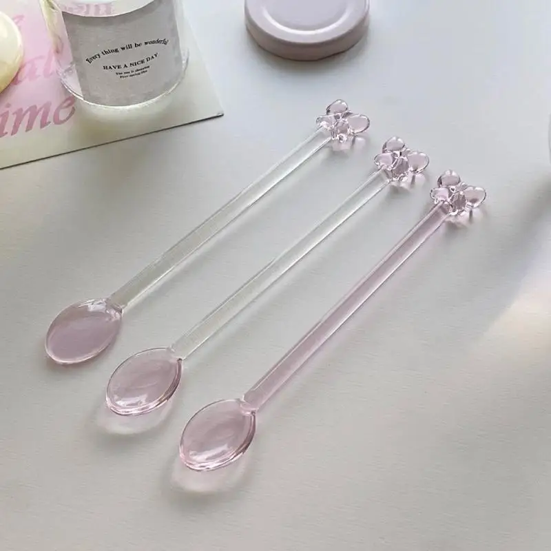 【Pink Bow Glass Coffee Spoon Long-handled Dessert/milk Tea Stirring Spoon Heat-resistant Teaspoon Household Kitchen Tool.】
