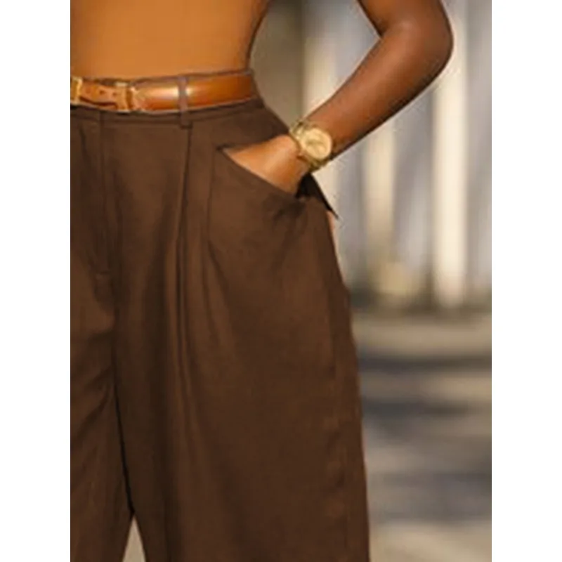 Krisnanas Vintage 100% pantalones de algodón para mujer 2025 Color sólido bolsillos pliegues pantalones de pierna ancha ropa de oficina pantalones ropa de mujer 187735