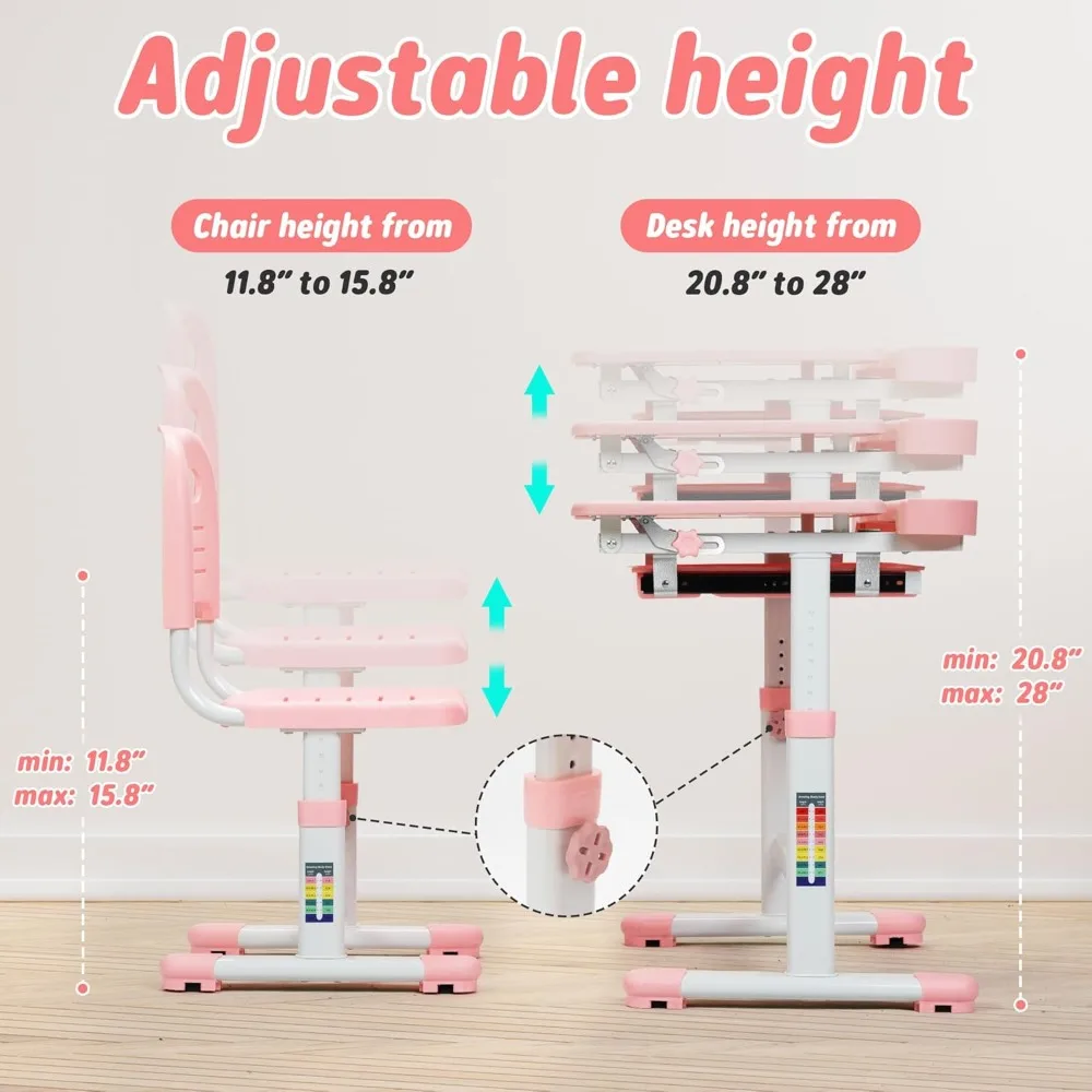 Children's desk and chair set, height adjustable children's desk, children's multifunctional desk with storage space,school desk