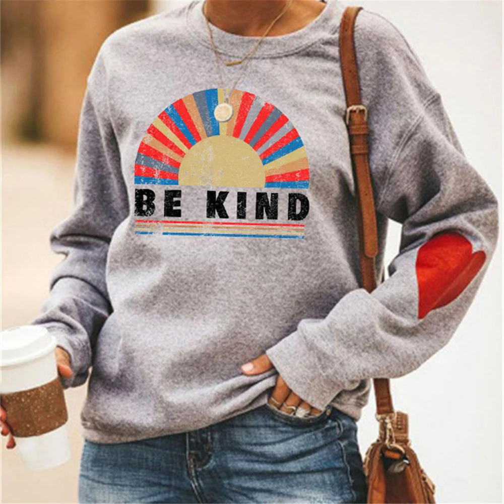 BE KIND Letter Print Rainbow Women Hoodies O-neck Long Sleeve Arm Love Heart Sweatshirt Aesthetic Oversized Kpop Pullover Hoodie