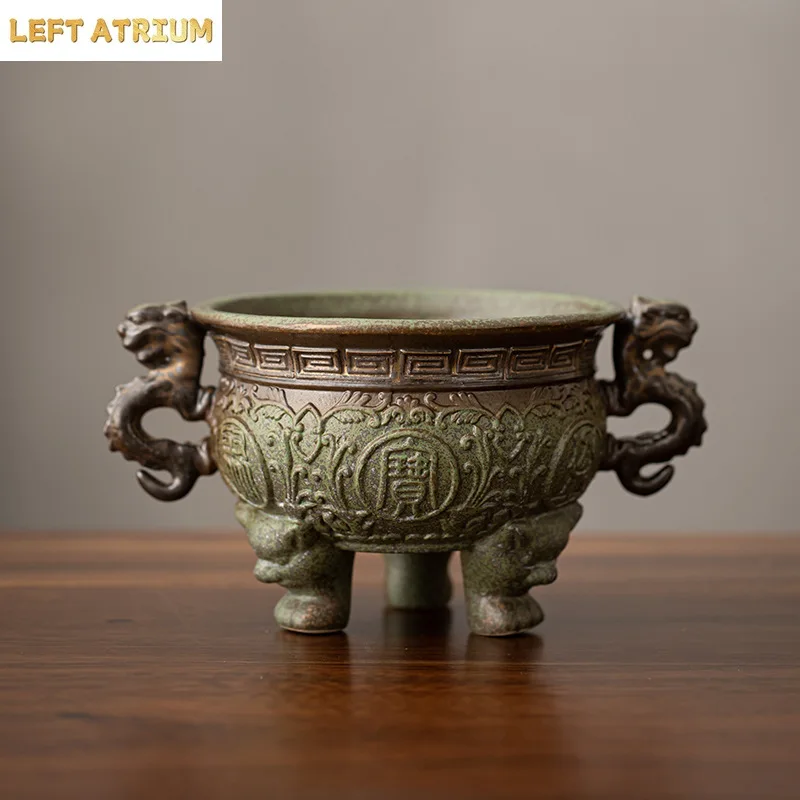 Antique Kiln Change Green Field Incense Stove Treasure Bowl Line Aromatherapy Furnace Consecrate Buddha Triangle Holder Ornament