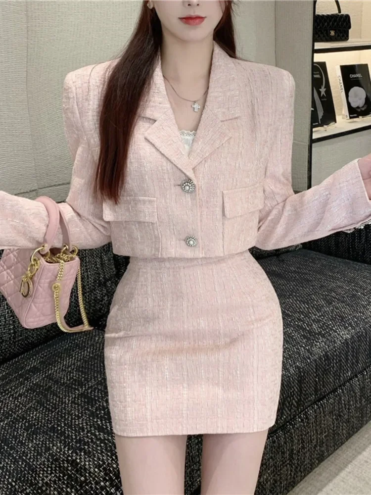 High Quality Tweed Two Piece Set Women Woolen Jacket Coat Crop Top & Bodycon Mini Skirt Suits Autumn Winter Sweet 2 Piece Sets