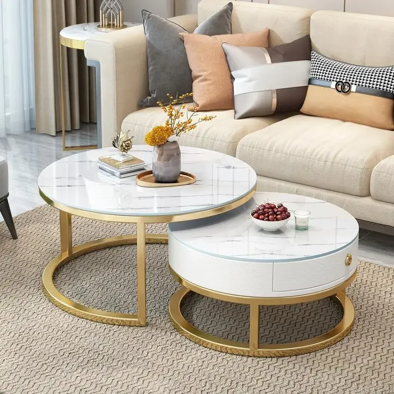 Nordic 2pcs Living Room White Coffee Tables Marble Texture Tea Table Furniture Round Durable Table Basse Muebles Tempered Glass