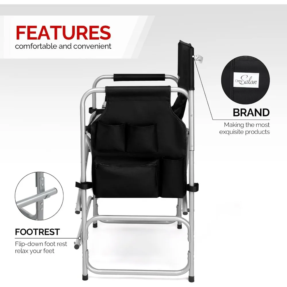 26" Tall Folding Directors Chair with Side Table,Portable Makeup Artist Bar Height, Steel Frame 300 lbs Capacity