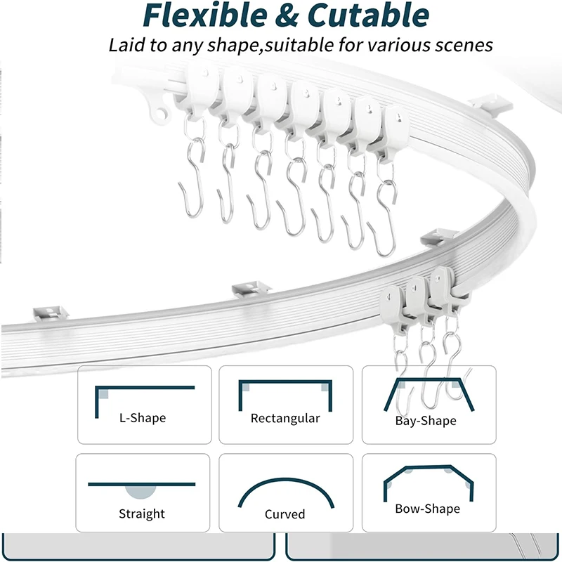 Flexible Bendable Ceiling Curtain Track Kit Durable Plastic With Multiple Hooks for Room Divider Curtains Rod RV Ceiling Track F