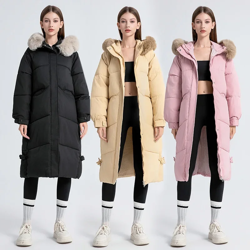 Korean 2024 Winter Women Black Pink Parka Down Cotton Long Coat Casual Pink Hooded Thick Warm Medium Length Jacket Clothing Chic