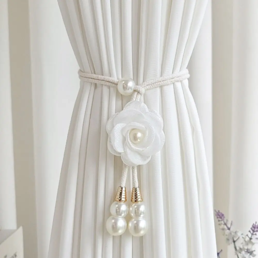 2Pcs Modern Floral Curtain Tiebacks Minimalist Adjustable Curtain Ties Polyester Texture Artificial Pearl