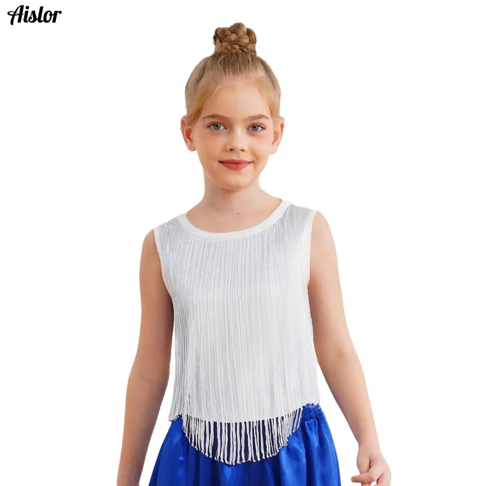 

Kids Girls Tassel Tops Hip-Hop Jazz Dance Top Sleeveless Curved Hem Fringe Tank Top Vest for Party Stage Performance Dancewear
