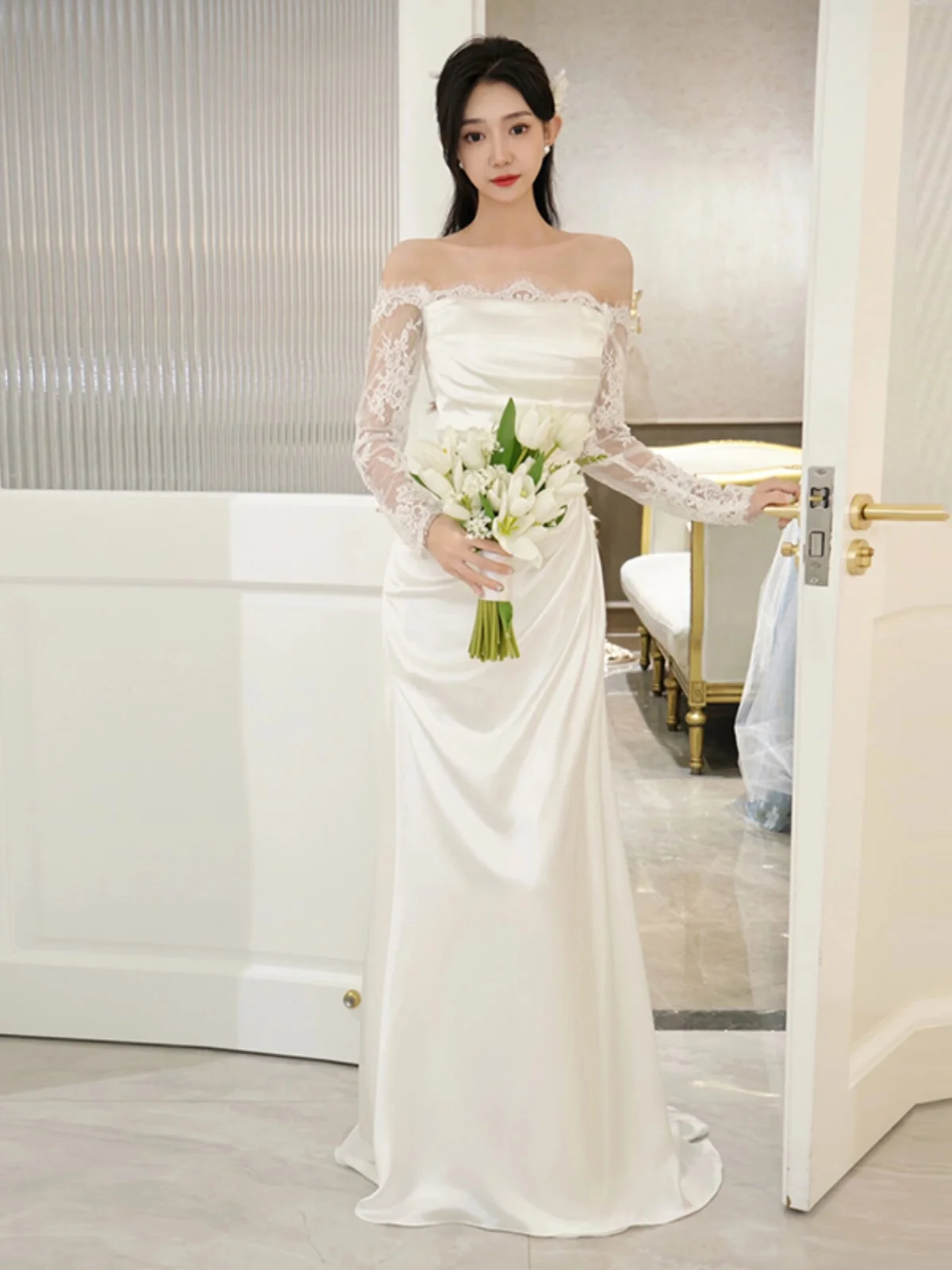 

Ele Lace One-oulder Long Sve Bridal Gown Simple White Wedding Dr with Train Fi Tail Sle Soft Satin Fabric