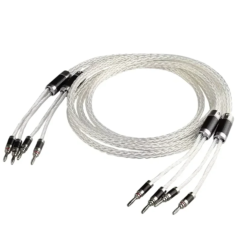 8AG OCC Silver Plated Speaker Cable Carbon Fiber Rhodium Plated Banana Plug 16 Strand HiFi Power Amplifier Speaker Wire