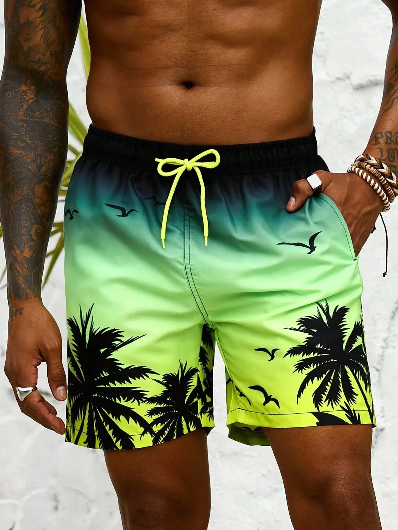 Palm Tree Stereo Print Pattern Men\'s Athletic Shorts Beach Vacation Men\'s Swim Shorts Vacation Hawaii Beach Men\'s Shorts S-2XL