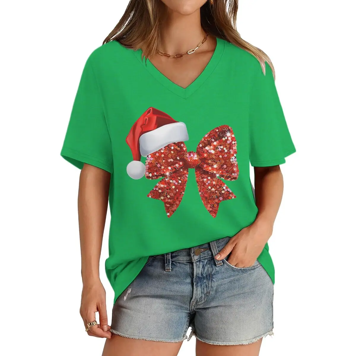 Christmas Santa Hat & Glittery Red Bow T-Shirt for Women V-neck Festive Holiday Party Tops Woman Merry Christmas Soft Tee