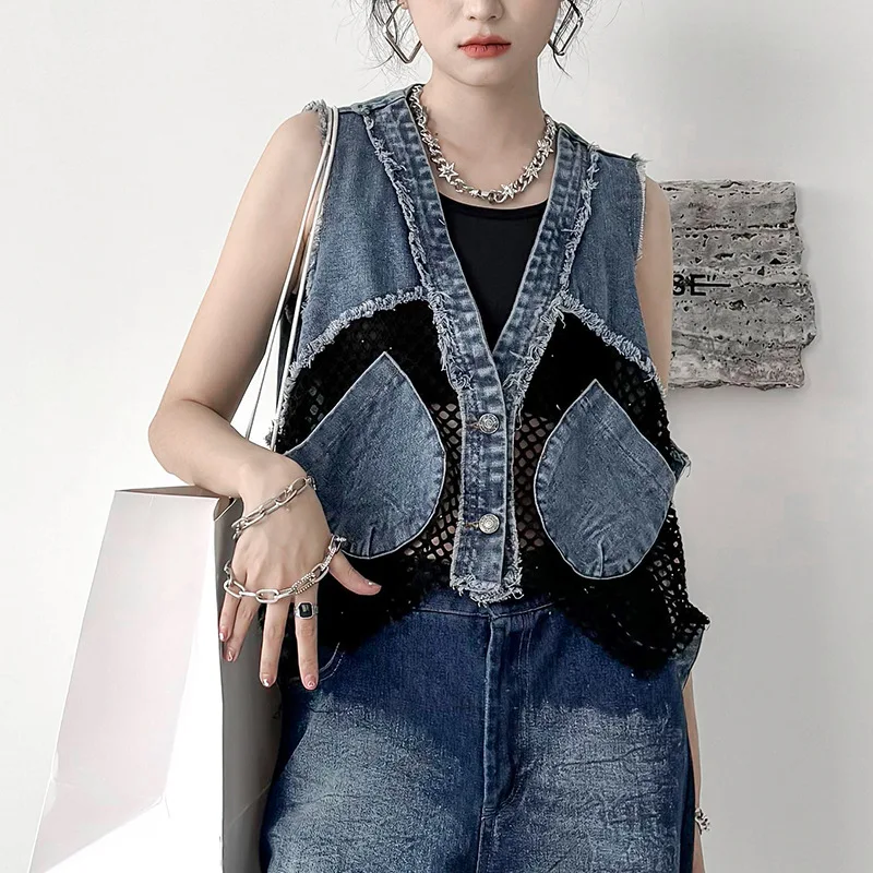 2024 Summer High Street Denim Hollow Out Short Vest Women Mesh Patchwork V-collar Sleeveless Looe Fit Jacket Y2K Fashion Clothes