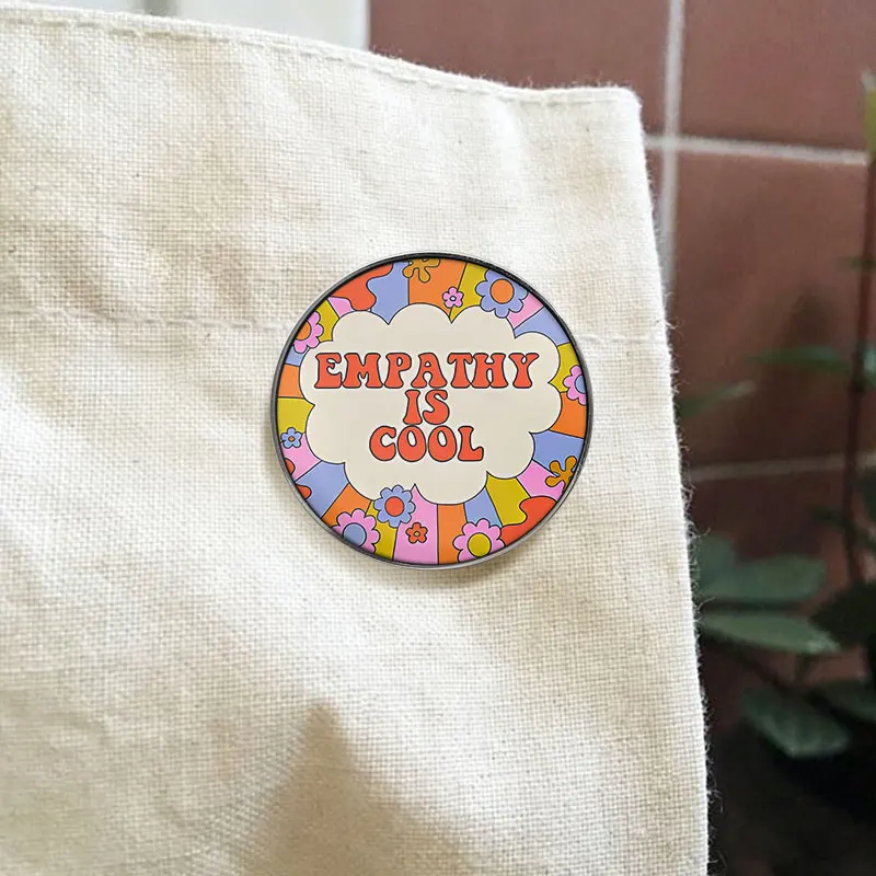 Retro 70s Empathy Is Cool UV Printing Badge Psychedelic Flower Power Pin Alloy Brooch Jewelry For Hippie Accessory