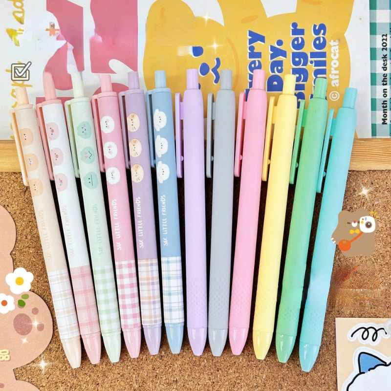 50PCS  Friends Press Pen Macaron Gel Pen Ball Plaid Cartoon Pen Black 0.5mm Signature Pen Kawaii School Supplies Office