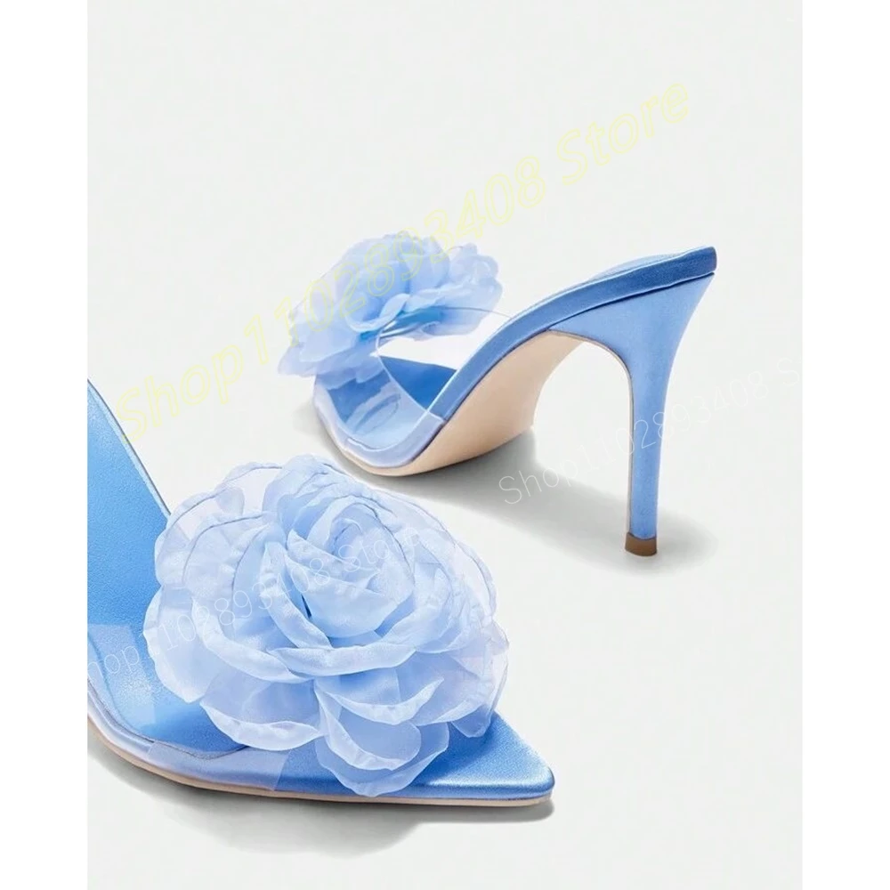 Blue Flower Decor Pointed Toe Slippers Elegant PVC Stiletto High Heel Fashion Sexy Women Shoes 2024 Summer Zapatos Para Mujere