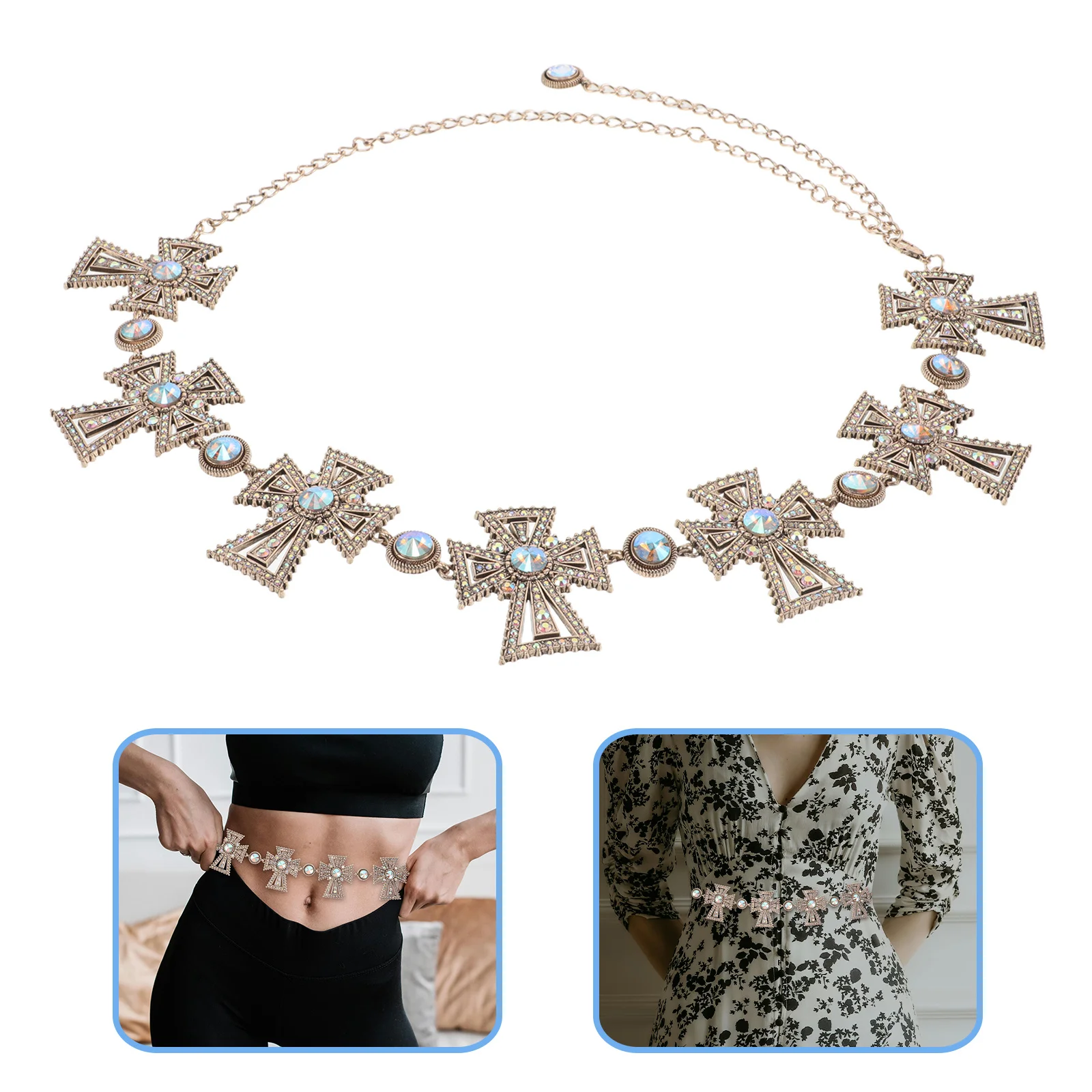 

Golden Cowgirl Rhinestone Waist Chain Belt Adjustable Punk Metal Cross Body Chain Western Tassel Belly Jewelry