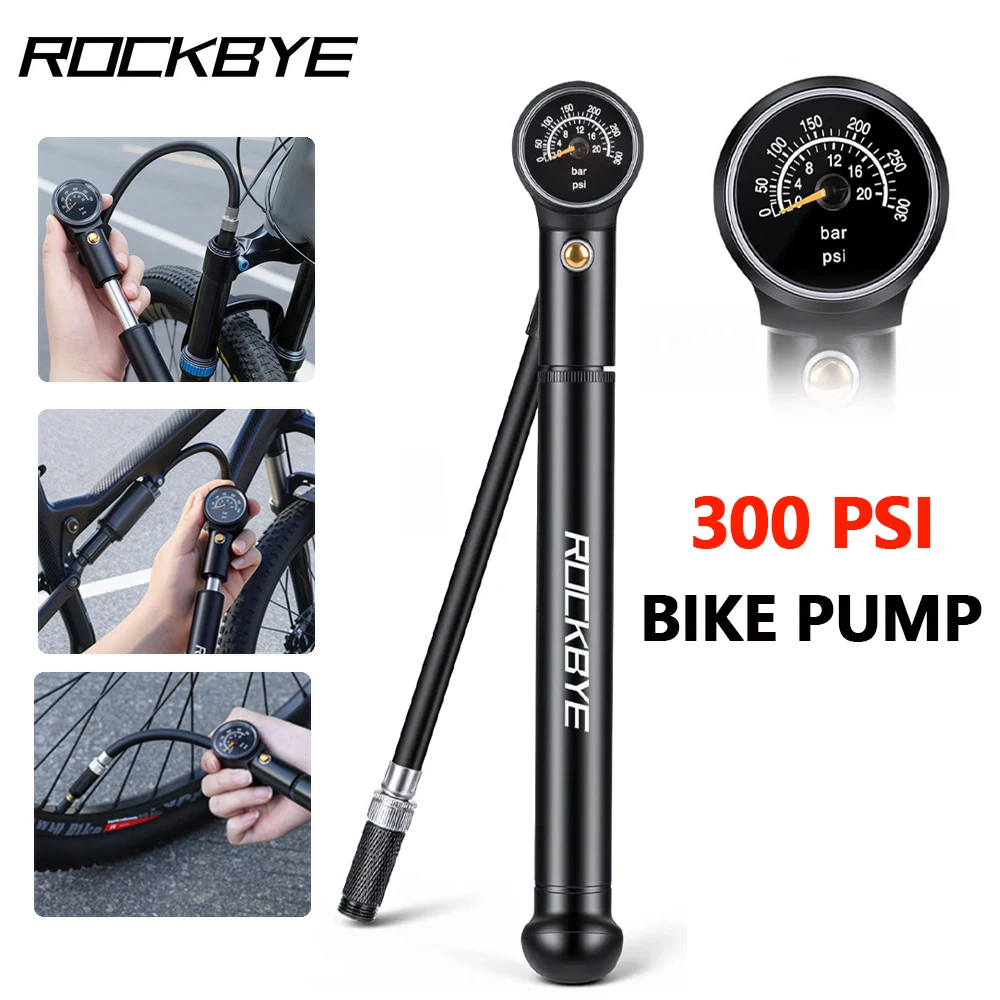 

Портативный велосипедный насос Rockbye с манометром, 300 PSI, высоконапорный насос для велосипедных шин и амортизаторов, мини-ручной насос для Presta