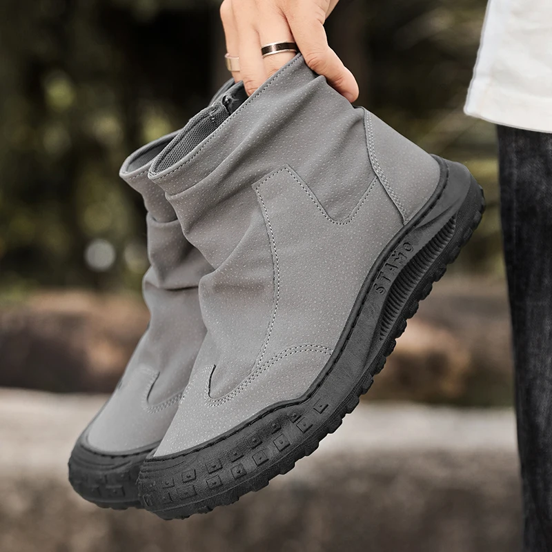 Botas de hombre, zapatos de trabajo de corte alto, botas planas de moda, otoño, nueva cremallera plisada, antideslizante, cómoda, suela gruesa, resistente al desgaste