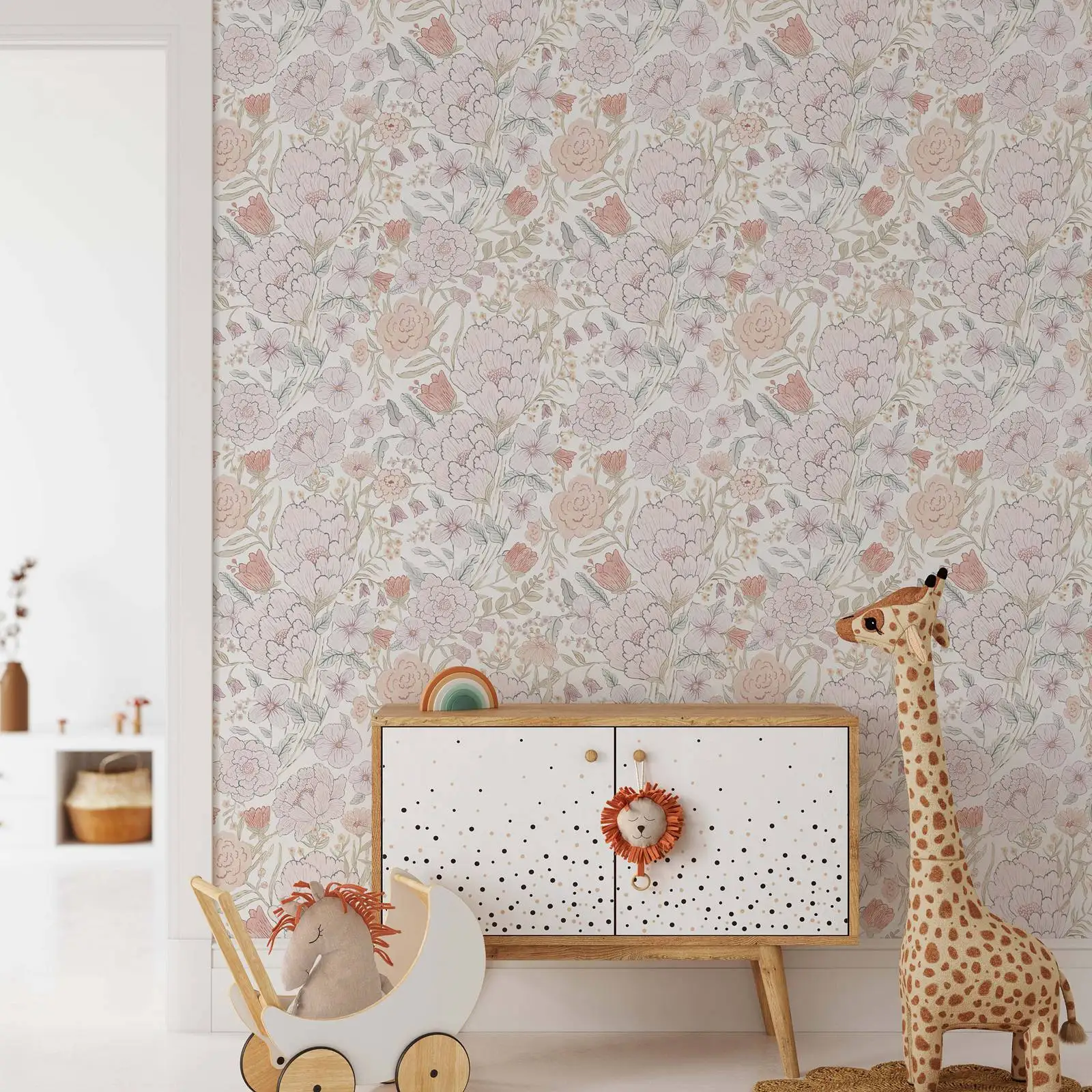 Romantic Meadow Wallpaper with Handdrawn Flower, Watercolor Floral Wallpaper