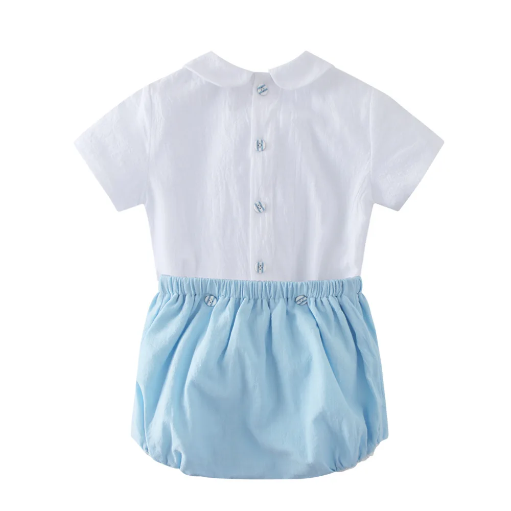 2024 Clibeso Handmade Smocked Children's Tops + Bottoms Set for Boys Children Elegant Peter Pan Collar Shirt + Blue Bloomers