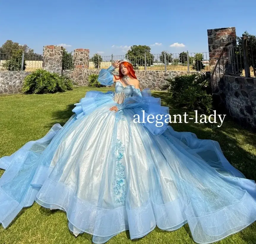 

Sky Blue Princess 15 quinceañera Dress Personalised Sheath Beaded Appliquéd Cathedral Train Removable Sleeve Custom Queens Prom