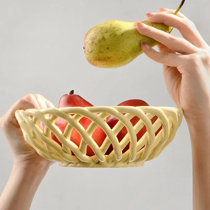 Ceramic Hand-woven Fruit Basket Ornaments Nordic Living Room Snack Bread Storage Craft Decoration