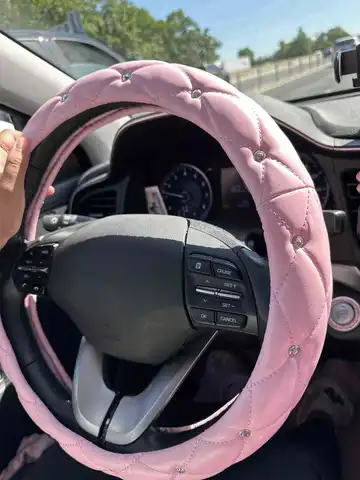 15 Inch Universal Pink Quilted Steering Wheel Cover with Rhinestone Accents
