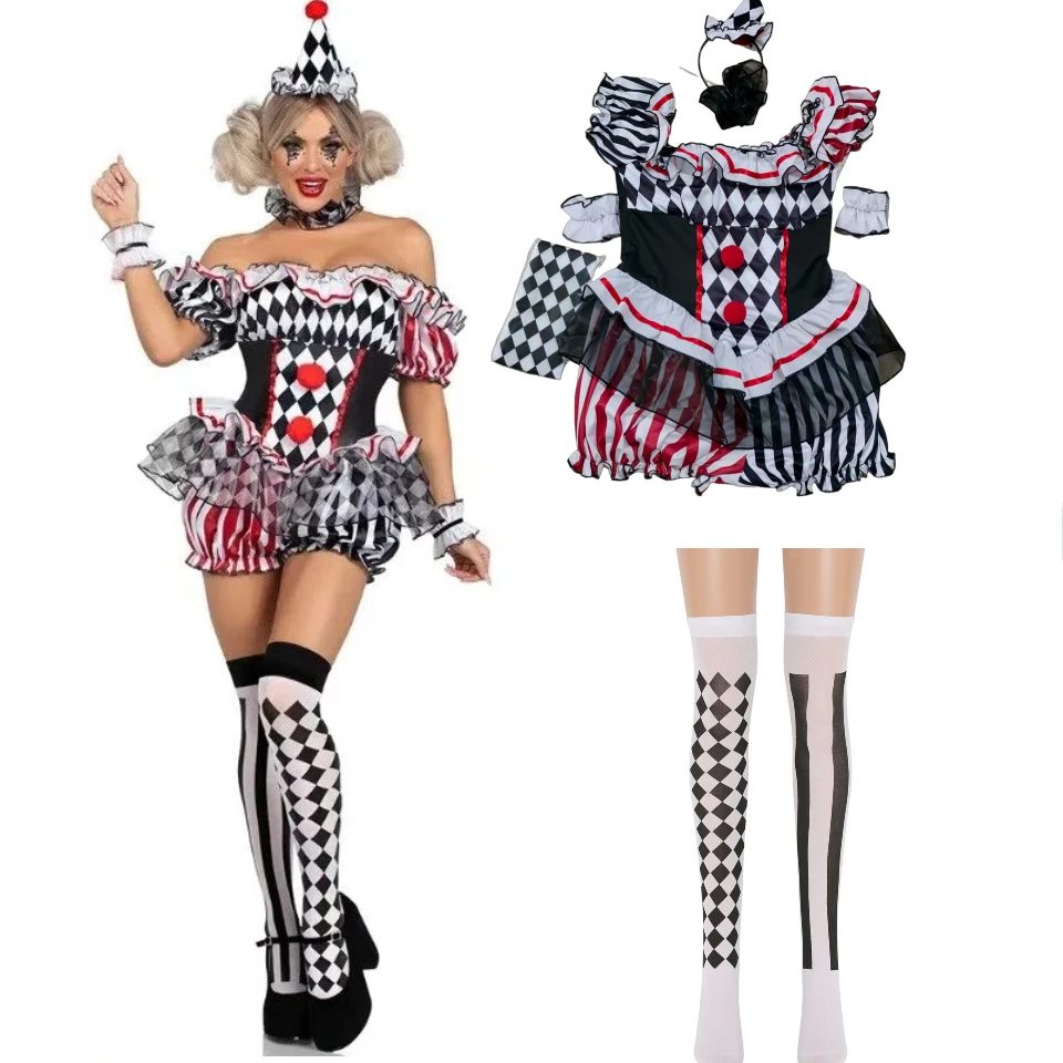 Disfraz de Payaso para Mujer, Traje de Circo, Vestido de Payaso Malvado, Juego de Roles, Disfraz de Bufón Terrorífico para Halloween