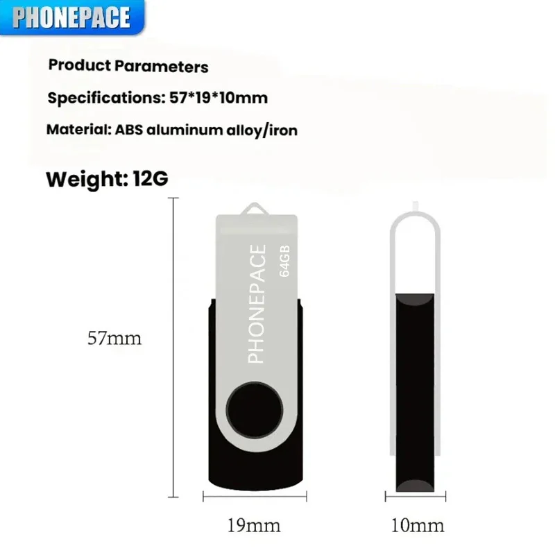 PHONEPACE Draaibare USB-flashdrive Snelle USB 2.0-interface Materiaal van aluminiumlegering Duurzaam Langdurig Brede compatibiliteit
