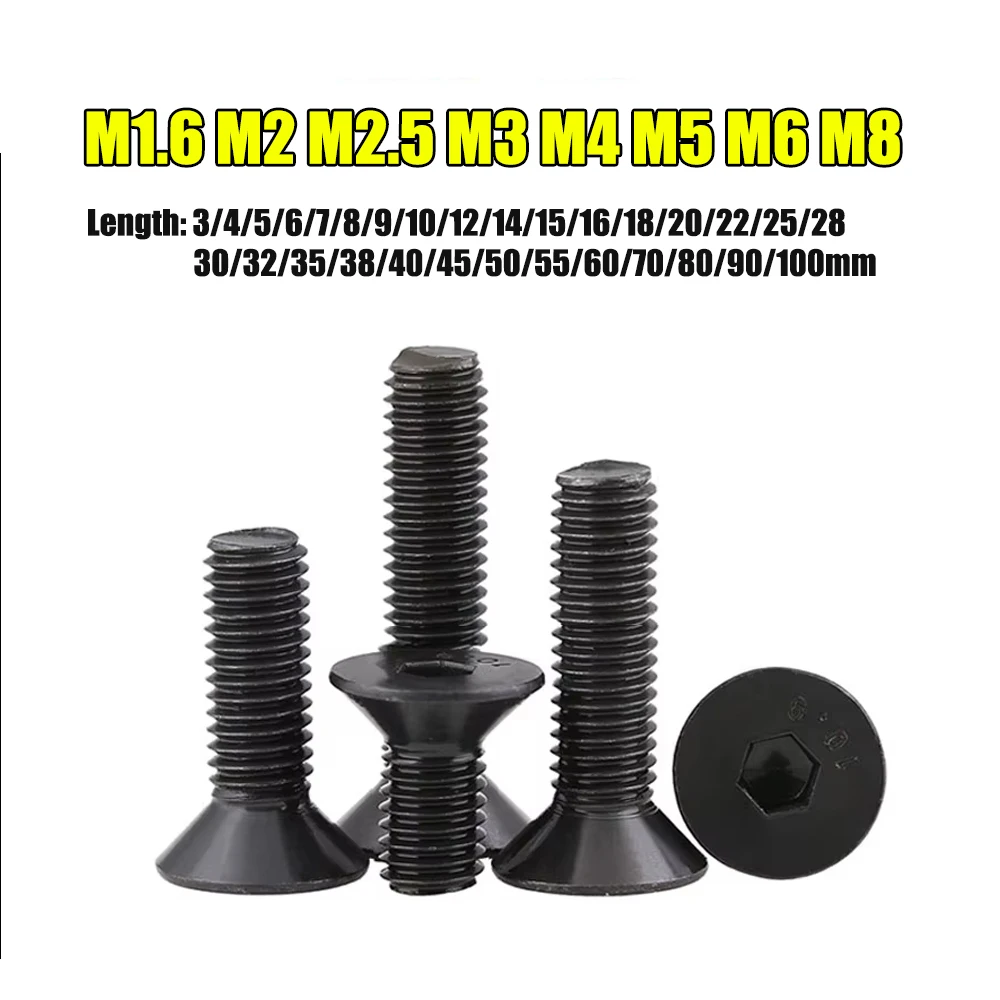 5-100Pcs M1.6 M2 M2.5 M3 M4 M5 M6 M8 Hex Socket Screws Grade 10.9 High Strength Alloy Steel Hexagon Flat Countersunk Head Bolts