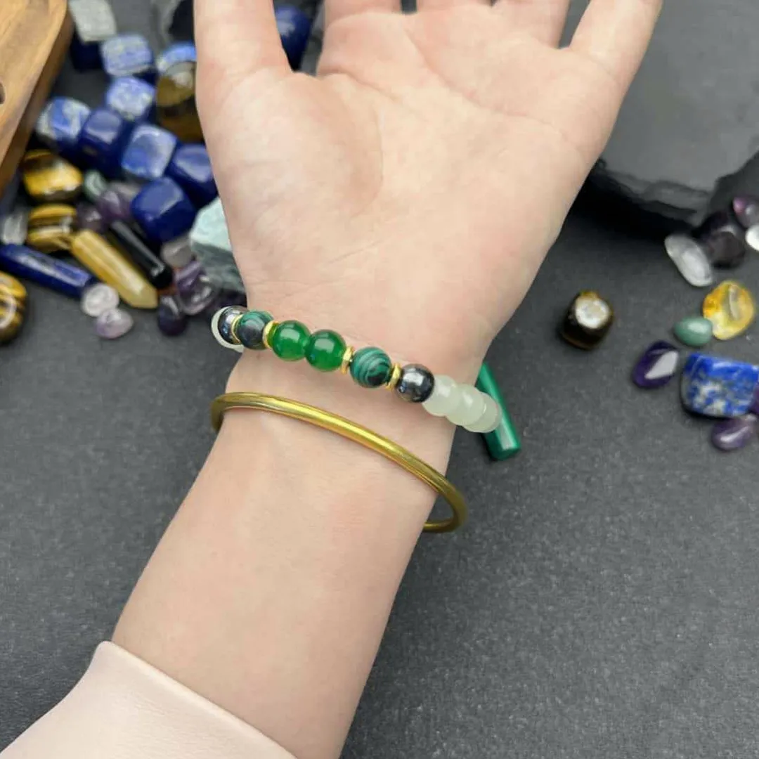 Natural Tiger Eye Chalcopyrite Malachite Stretch Beaded Bracelet, Couple Jewelry, Handmade Gift for Women Men