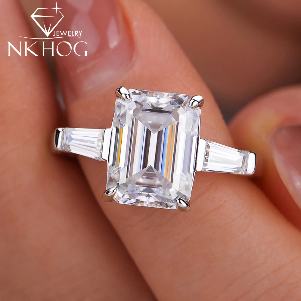 NKHOG 4.5CT Emerald Cut Full Moissanite Rings For Women Men S925 Silver Sparkling Lab Diamond Engagement Band Jewelry Certified